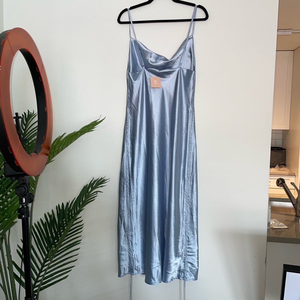 Baby Blue Silk Slip Dress with Rouched side to adjust the length of the dress. - Picture 2 of 4